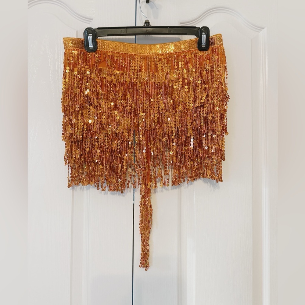 Belly Dance Hip Skirt Tassel Scarf Sequin Wrap Rave Costume Orange